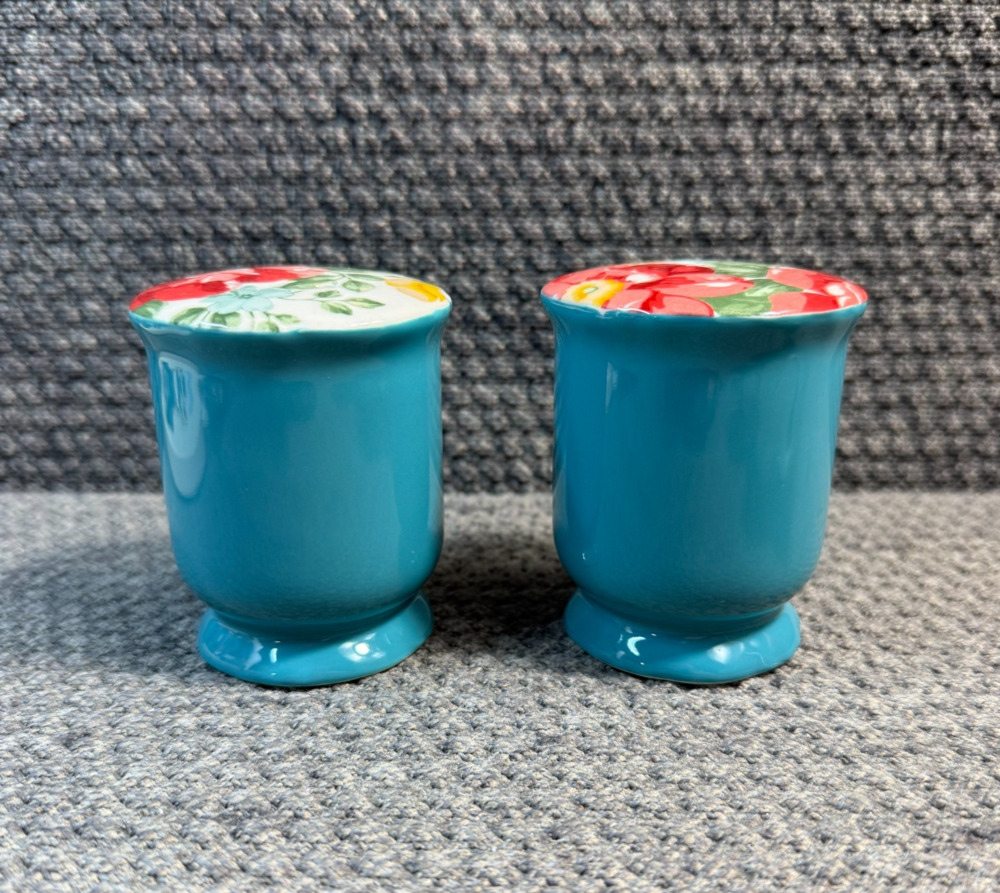 Pioneer Woman Salt and Pepper Shaker Set Farmhouse Floral White Teal